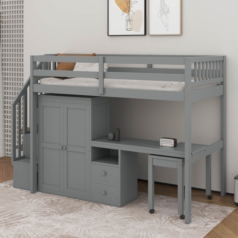 Lit mezzanine simple avec escalier, bureau et garde-robe, Gris, Lit simple