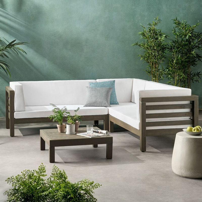 Ensemble de conversation modulaire en bois avec coussins Oana, Blanc