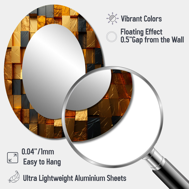 Miroir mural moderne ovale Grunge Gold Cubes, H 40 po x l 30 po