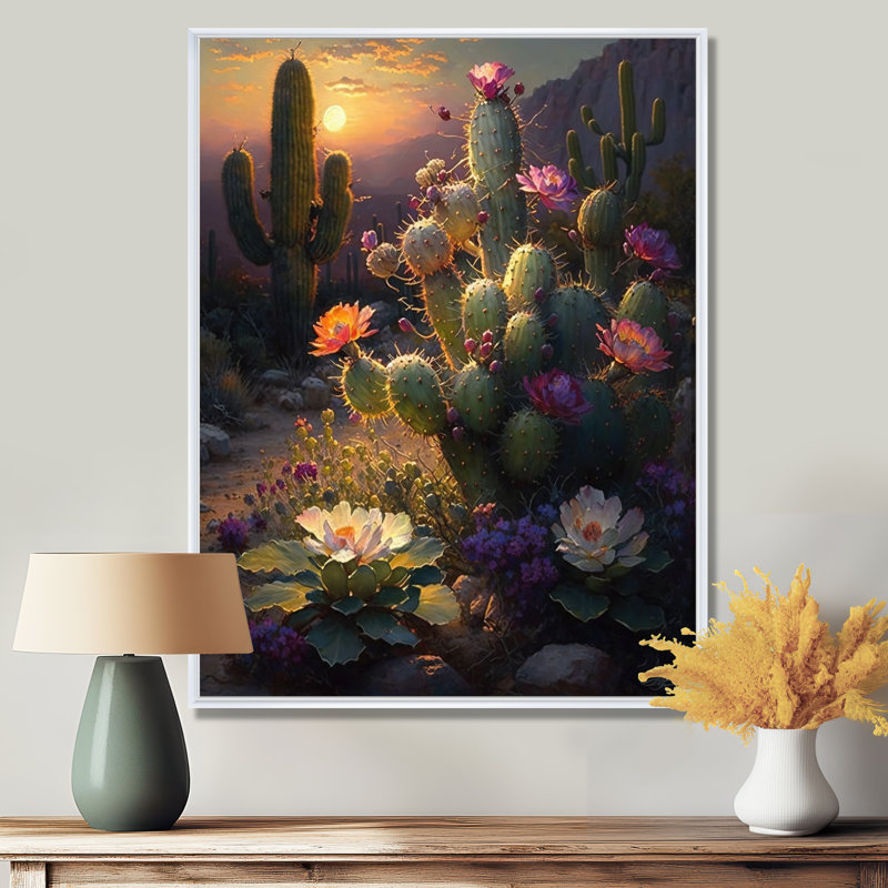 Cactus dans le désert I - montagnes, art mural, H 40 po x l 30 po, Cadre flottant blanc