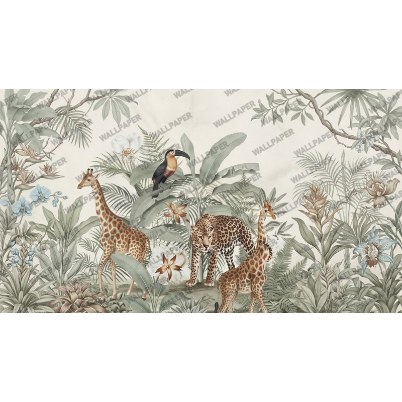 Papier peint tropical crème, léopard et toucan Girafe, 90" L x 140" W, Peel & Stick