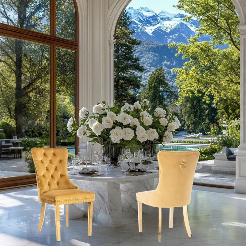 Jaqua Velvet Dining Chair Tufted Dining Room Side Chair with Solid Gold Plated Leg (Set of 2), Yellow