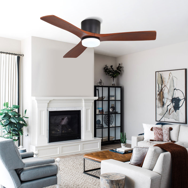 48'' Flush Mount Ceiling Fan 3 Carved Solid Wood Blades 6-Speed Noiseless Reversible DC Motor Indoor With Dimmable Light Kit And Remote, Walnut and Black