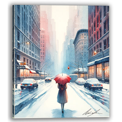 " Winter's Whisper Snowy Cityscape With Red Umbrella "