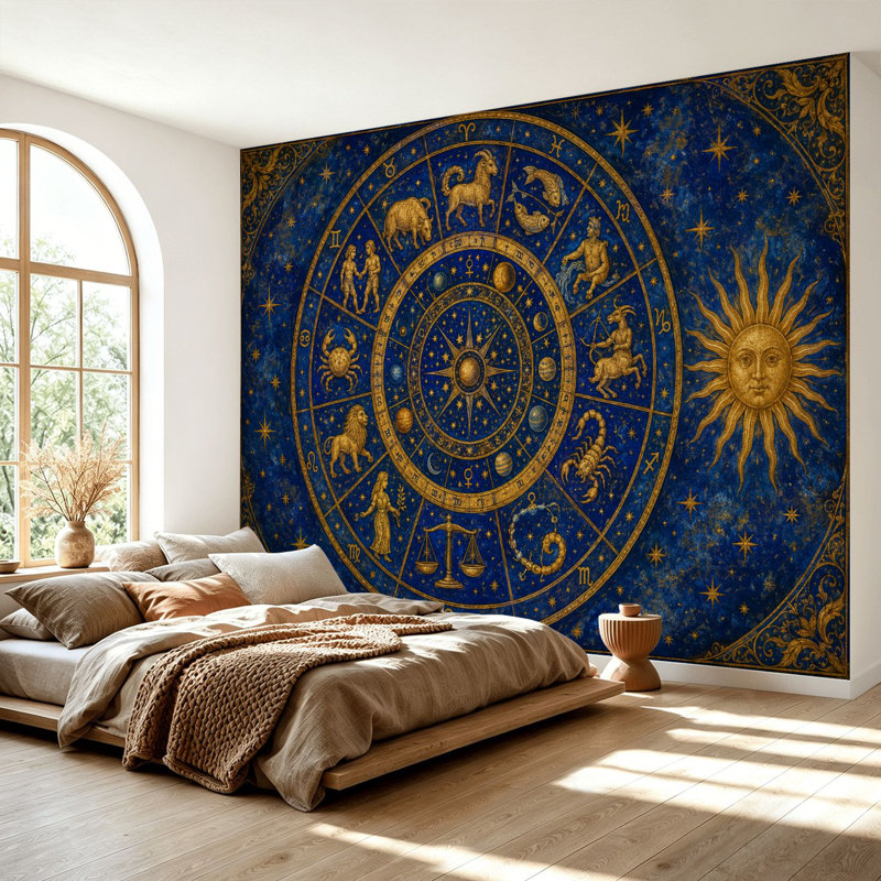 Papier peint adhésif peler et coller Zodiac Constellation Cercle bleu foncé étoilé autocollant amovible Papier contact mural pour le salon Chambre à coucher H 69 po x l 96 po
