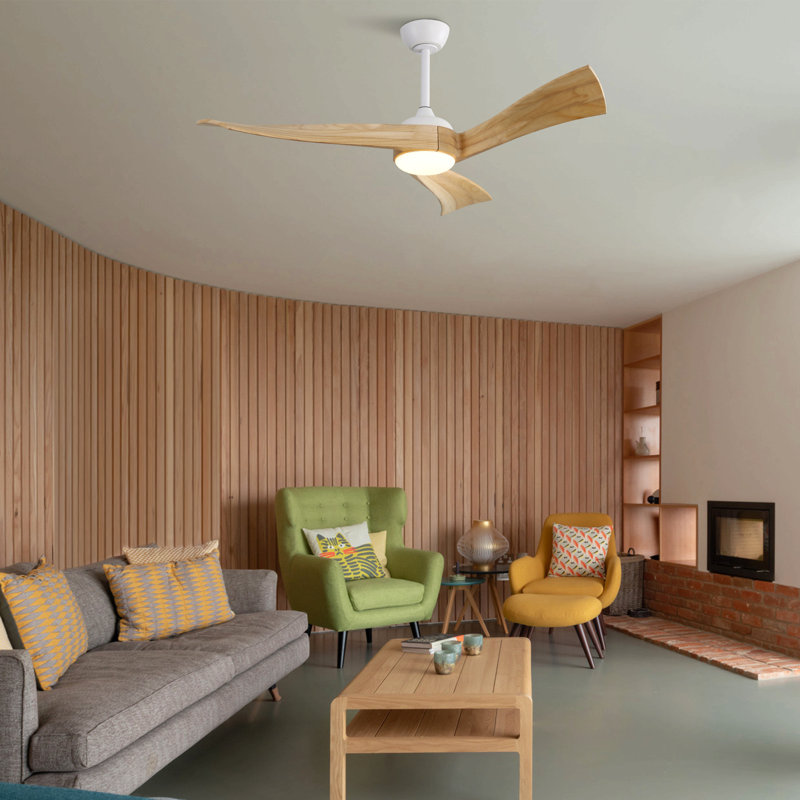 Ventilateur de plafond 52 pouces avec moteur à courant continu écoénergétique à 6 vitesses, Blanc, Bois naturel