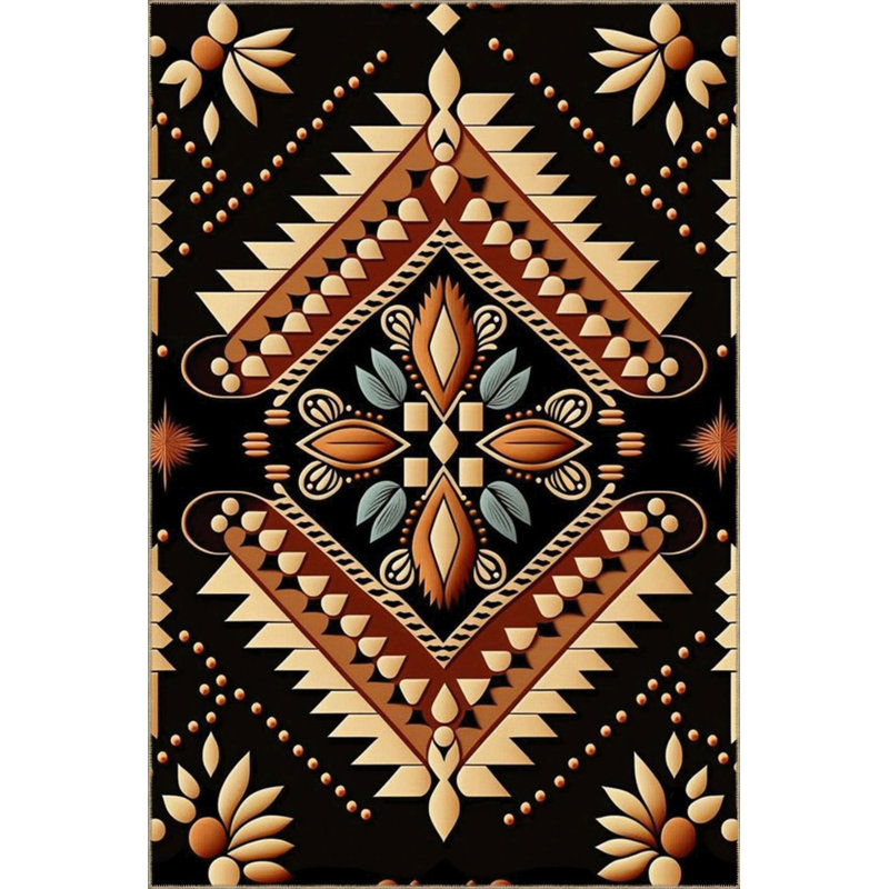 Black Themed Motif Ethnic Floral Patterned Vintage Decorative Carpet, Round 4'