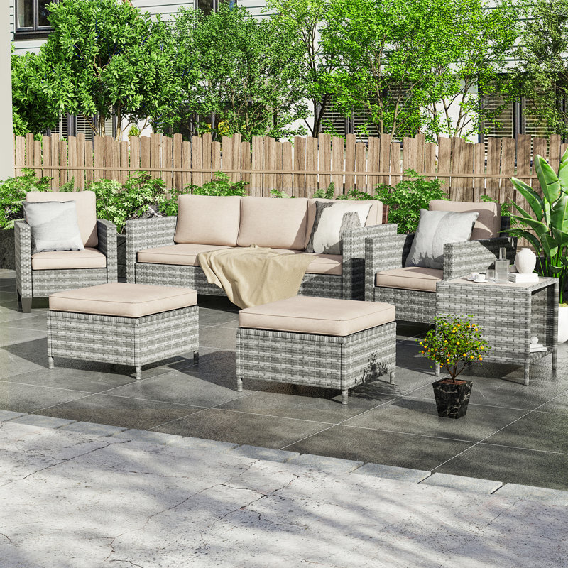 Ensemble de conversation en rotin avec coussins 6 pièces Castlegar, Beige, Gris