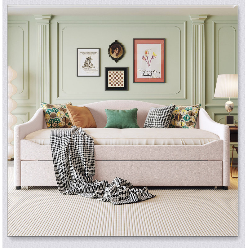 Upholstered Daybed With Light And Trundle, Beige, Full