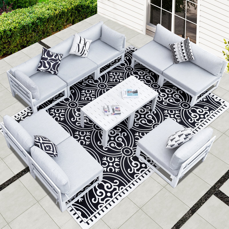 Qui 8 - Person Modern Aluminum Outdoor Sectional Seating Group with Cushions & Coffee Table, Rust-Resistant Patio Conversation Set