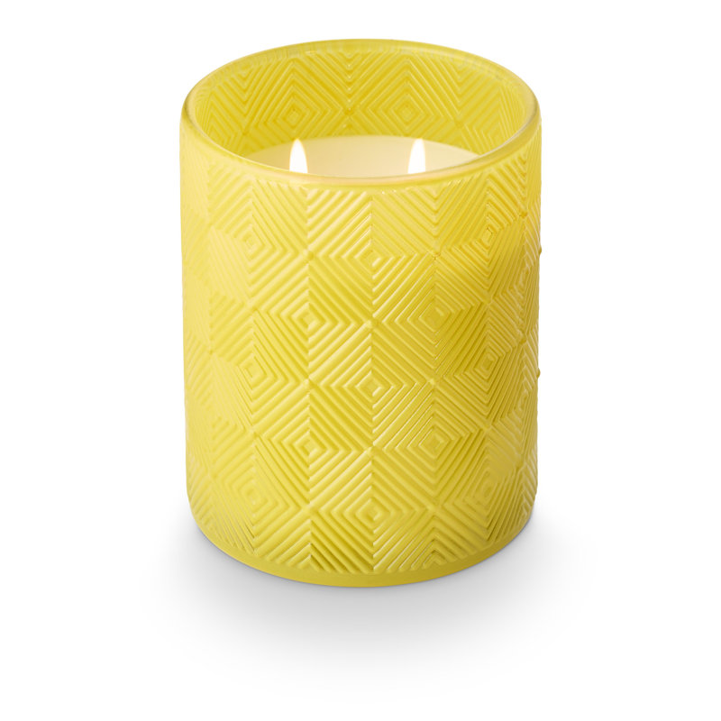 Bougie en verre texturé Sun Terrace, citronnelle et lime, 469G, Yellow Citrus