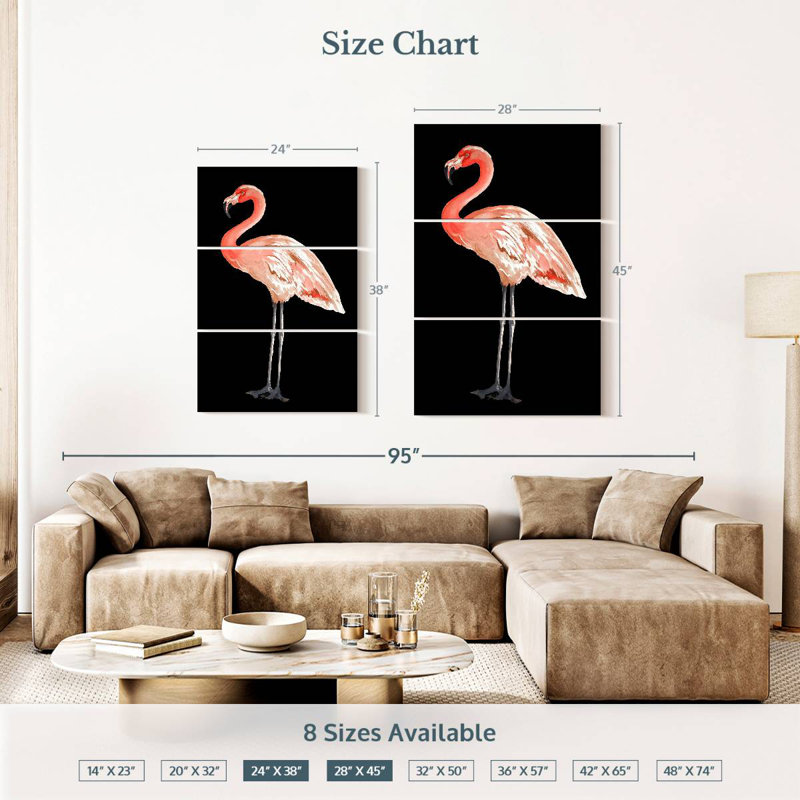 Flamant rose sur fond noir, H 38 po x l 24 po