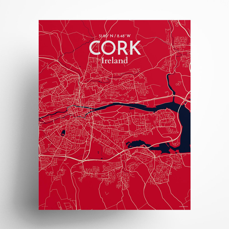 Cork City Map, impression, H 20 po x l 16 po, Rouge / bleu marine