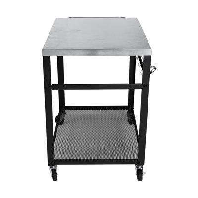 Chariot de barbecue extérieur, 2 niveaux, plateau en acier inoxydable, roulettes verrouillables, crochets à outils, tablette en filet, table de préparation pour barbecue mobile, cour arrière, support de four à pizza, rouille noire, noir facile d'entretien, debout
