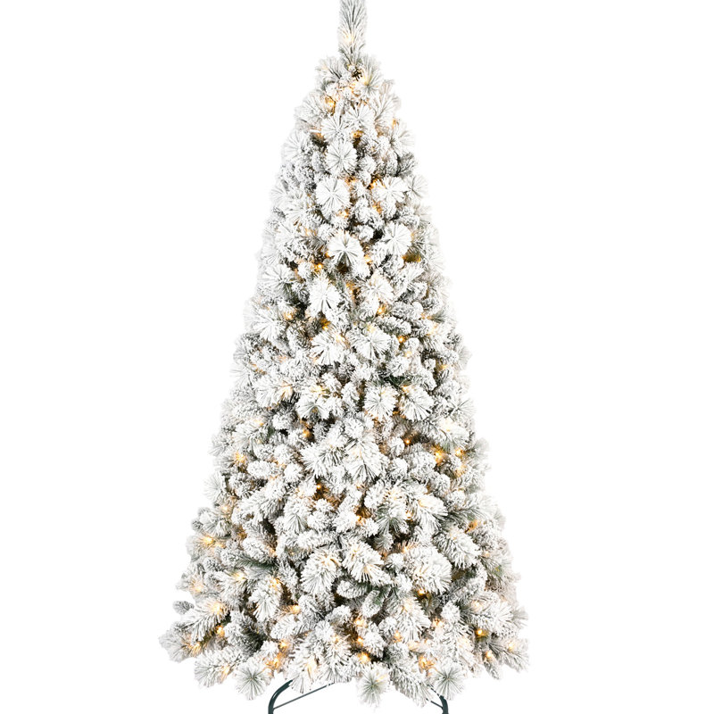 500 lumières DEL blanc chaud - arbre de Noël floqué amélioré de 7,5 pi, 1252 pointes enneigées touchées par le givre et branches à aiguilles dures, installation facile par charnières, base en métal pour les occasions festives orné d'une échelle de neige simple