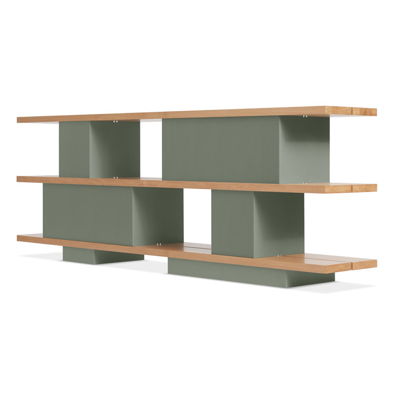 Happy Day Bookcase, (3 Shelves) 29" H x 81" W x 14" D, White Oak/Gray Green