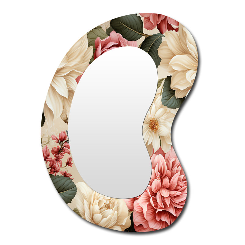 Antique Rose Muted Green Garden - Floral Unique Shape Large Mirror, Cottage Asymmetrical Unique Wall Mirror Decor, Printed Metal Art