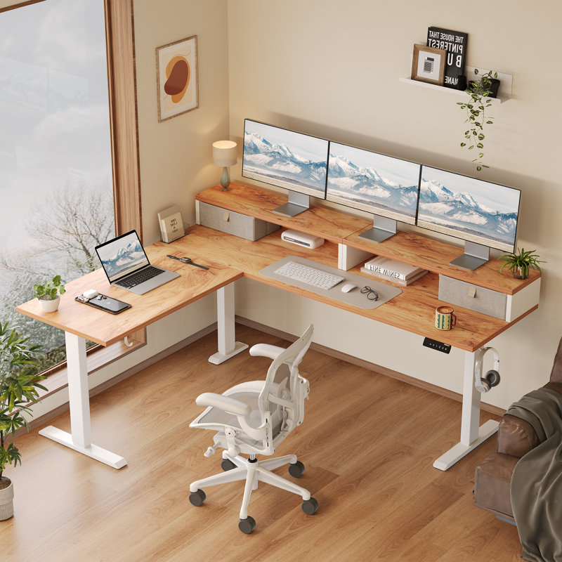 Bureau debout électrique en forme de L de 75 po avec 2 tiroirs, bureau ergonomique à hauteur réglable en coin, table d'ordinateur avec rangement pour la maison et le bureau