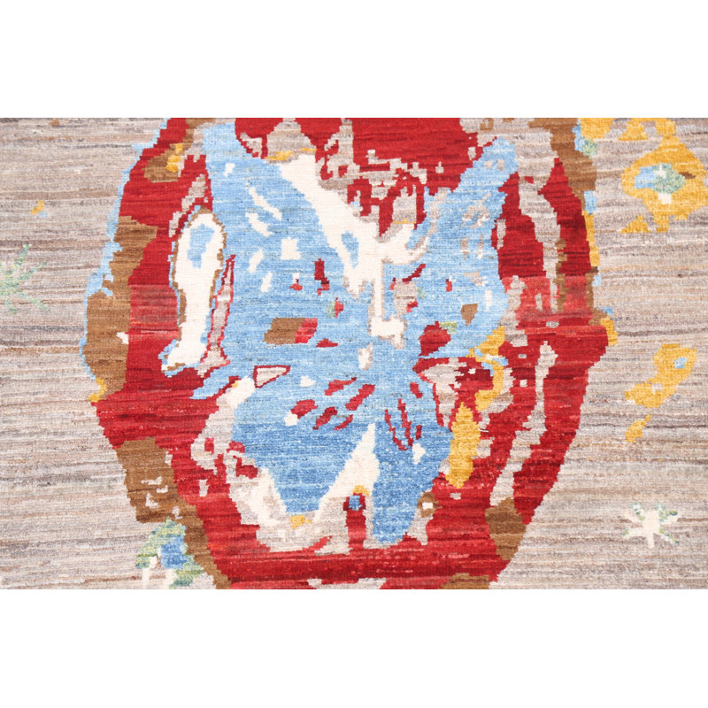 Tapis beige en laine noué à la main de conception unique 2 pi 9 po x 4 pi 2 po Lunah