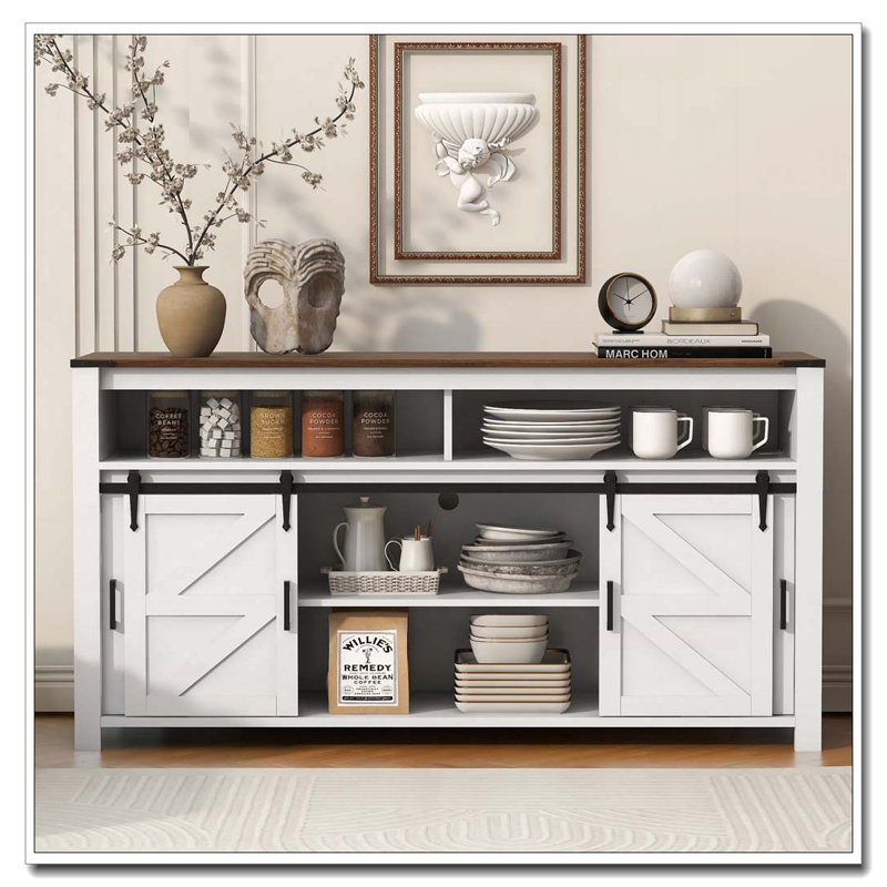 59.3" Farmhouse Sideboard with Sliding Barn Doors and Mesh Panels, Brown/White