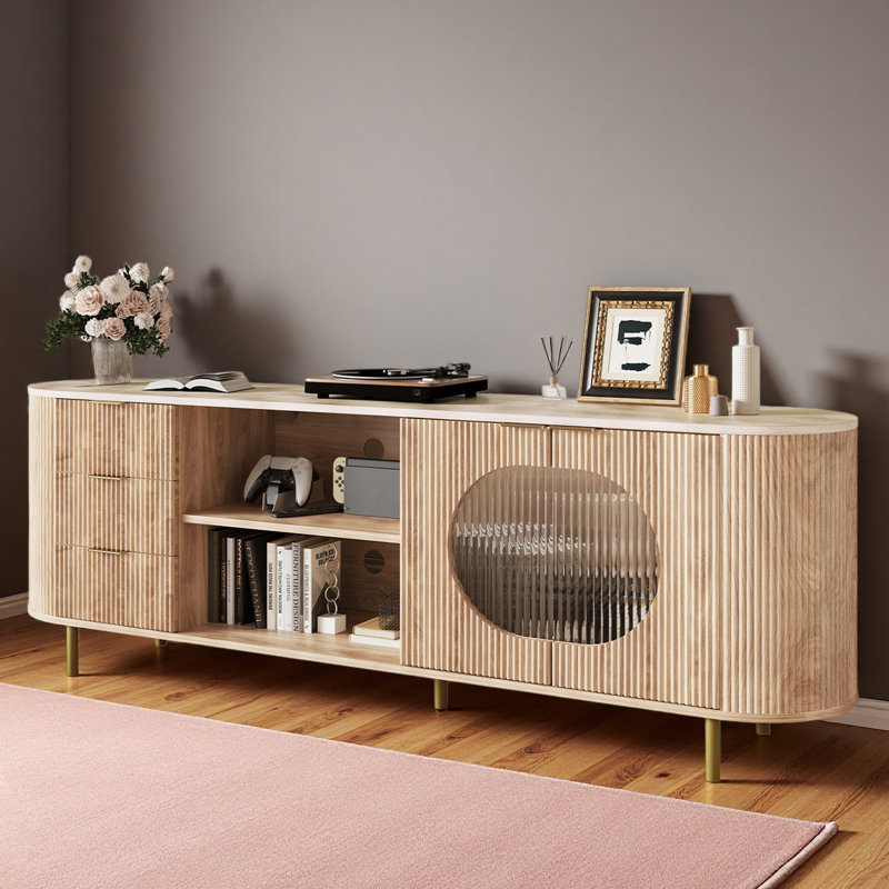 Modern TV Stand, Fluted Media Console With Faux Marble Top, Gold Accents, Natural Oak