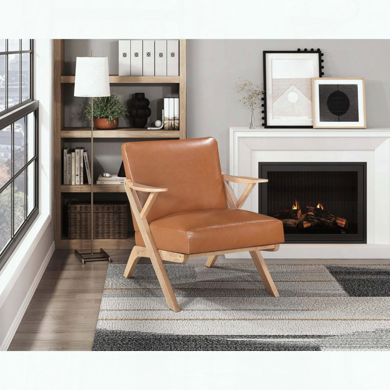 Fauteuil d'appoint en bois d'hévéa massif, similicuir et mousse enveloppée de dacron, Brun, Naturel