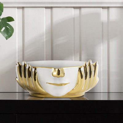 Ahvianna Handmade Ceramic Decoration Dish, White and Gold Face Modern Design Bowl Home Decor Accent Piece