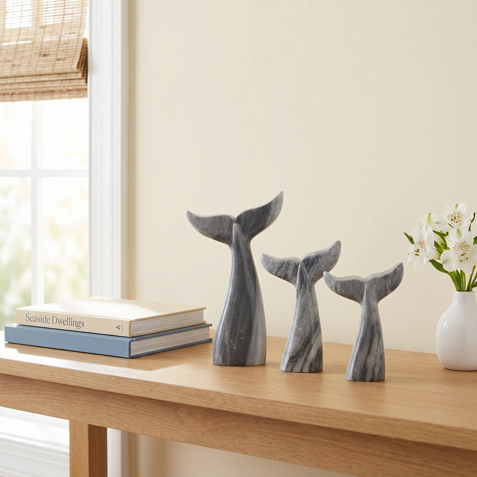 Genuine Marble Whale Sculpture, Gray