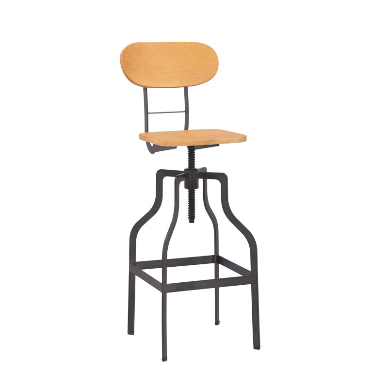 Hiliritas Swivel Bamboo Solid Wood Adjustable Height Bar Stool with Steel Frame, Gun Metal Grey/Natural