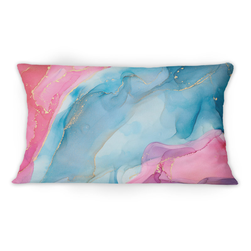 Coussin décoratif abstrait bleu et rose de luxe avec art abstrait 12 po x 20 po