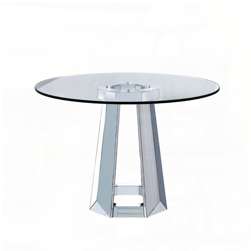 Table de salle à manger ronde moderne en verre trempé avec base géométrique en miroir - 4 places