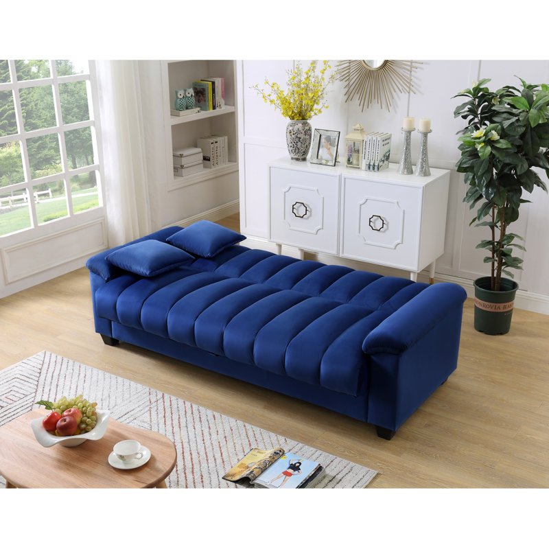 Full 82.7'' Wide Velvet Biscuit Back Convertible Sofa with Storage, Blue, 33.75" H x 82.7" W x 35.25" D