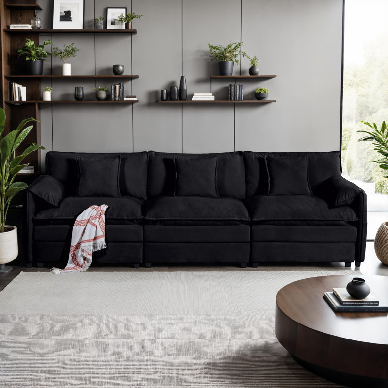 Oversized Deep Seat Sectional Sofa, Large 3-Seater Modular Sofa with 3 Pillows, Black