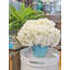 White Hydrangeas in Teal Ceramic Vase