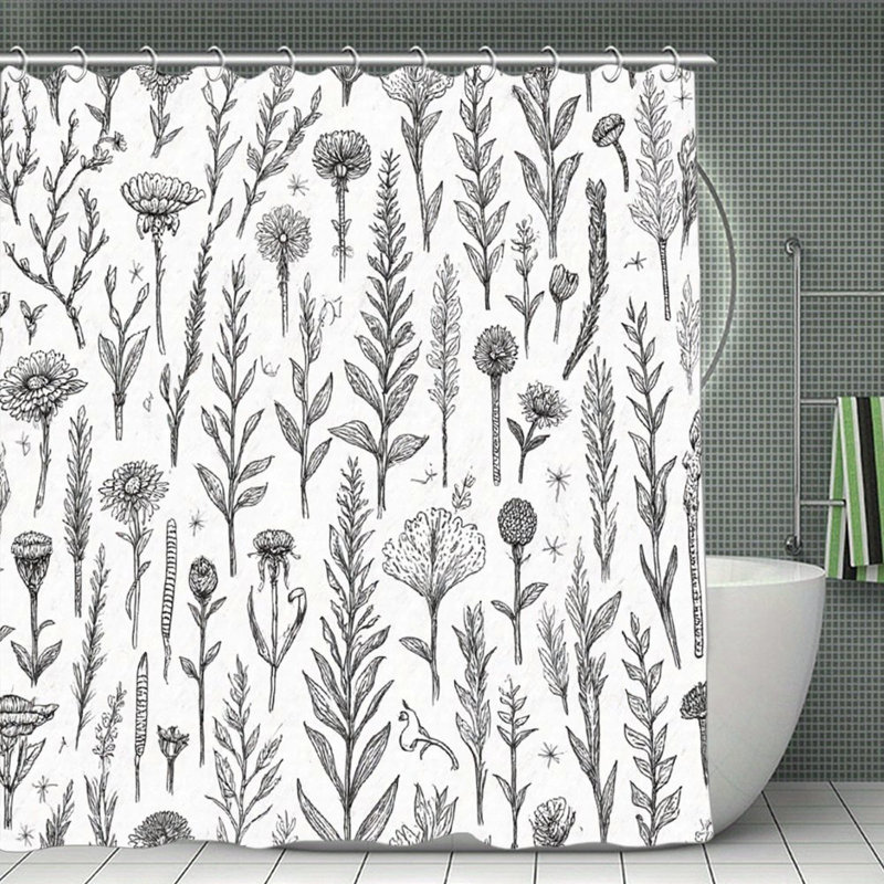 Rideaux de douche noir et blanc à croquis botaniques pour salle de bain, 71 x 71, Blanc, floral 1