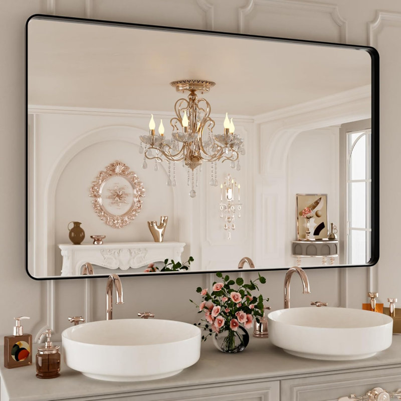 Miroir de salle de bain 48 po x 30 po noir, miroir de meuble-lavabo à cadre en métal noir, miroirs muraux ronds rectangulaires noir mat, verre trempé, antirouille, horizontal ou vertical