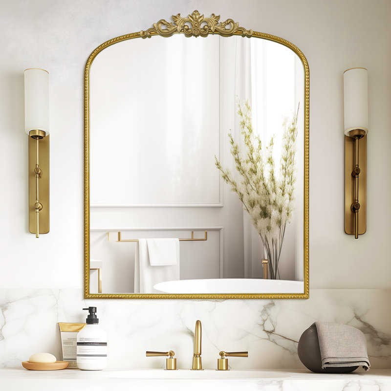 Kiany Metal Arched Mirror Vintage Mirror with Ornate Frame, 36" x 28", Gold