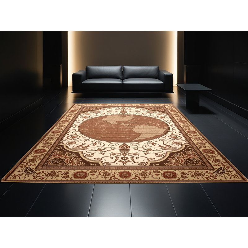 Tapis oriental brun classique lavable à la machine Parlin World Globe, 3 X 5