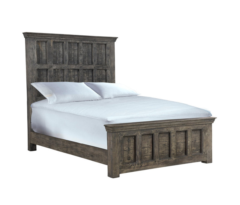 Brown Carved Geometric Distressed Solid Wood Queen Bed Frame