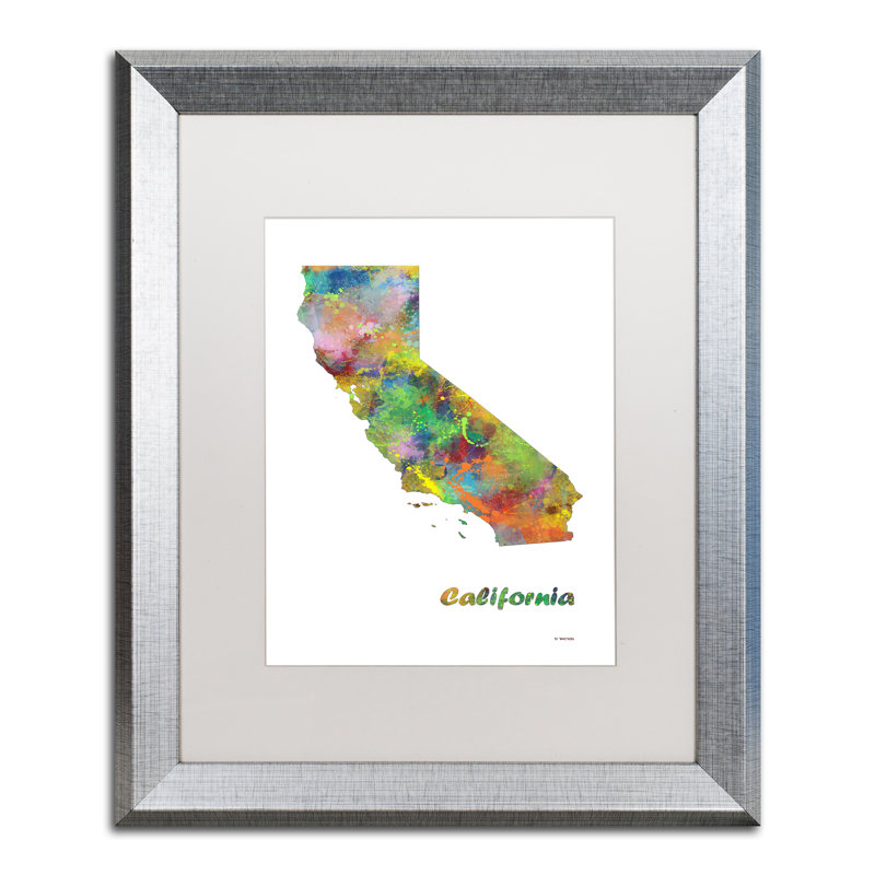 « california state map-1 », impression encadrée encadrée, H 20 po x l 16 po x P 0,5 po, argent
