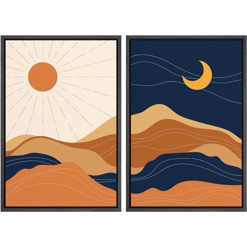 Sun And Moon " Sun & Moon Desert Abstract Landscapes Nature Shapes Modern Art Scenic " 2 - Pieces, Black Floater Framed