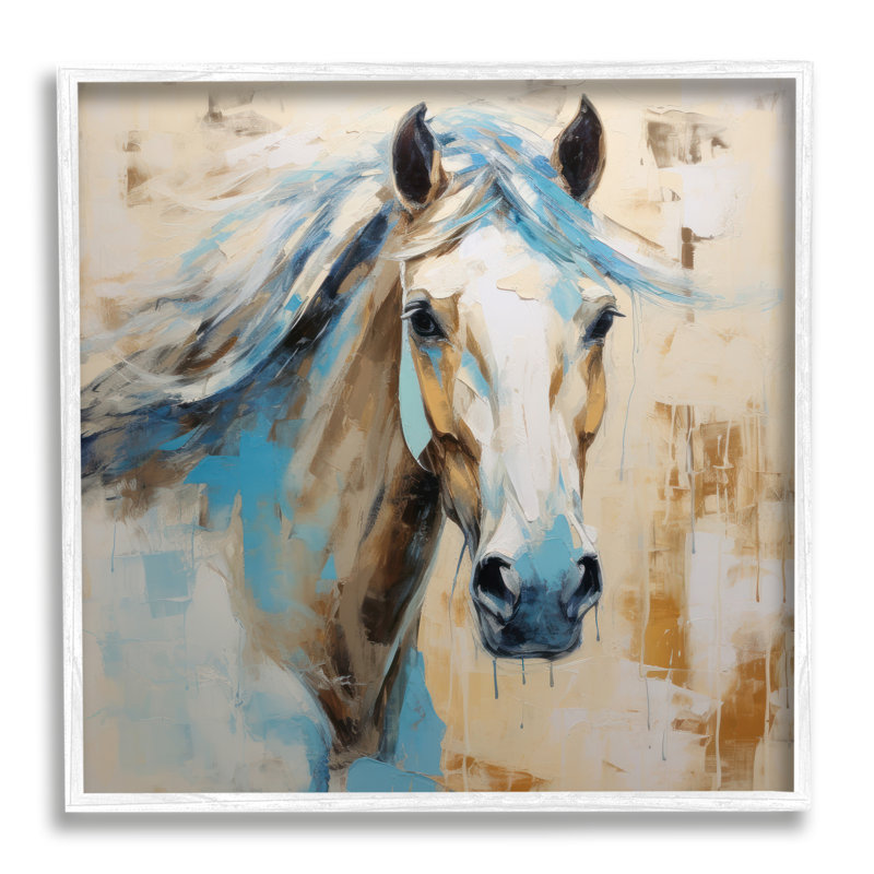 Az-081 - Portrait d'étalon moderne encadré, H 17 po x l 17 po x P 1,5 po, Giclée encadrée blanc bord de mer