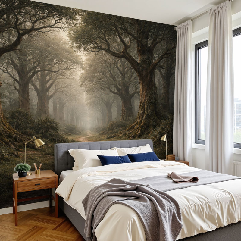 Papier peint adhésif autocollant Serene Forest Path Majestic Oak Trees, L 144 po x l 100 po
