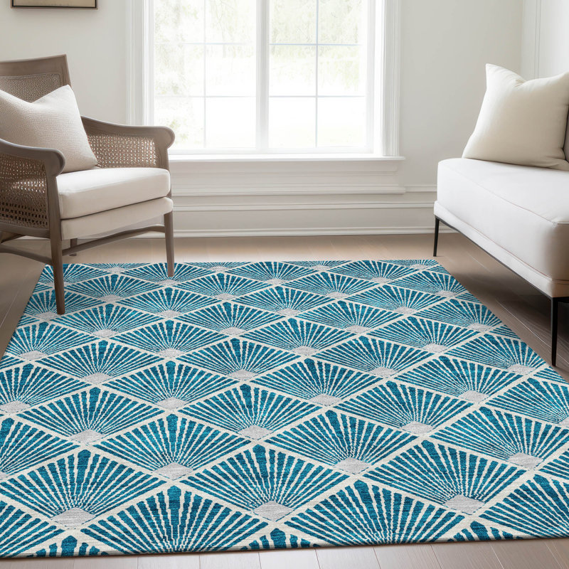 Tapis bleu sarcelle lavable à la machine Premium Prisco, Rectangle 10 pi x 14 pi