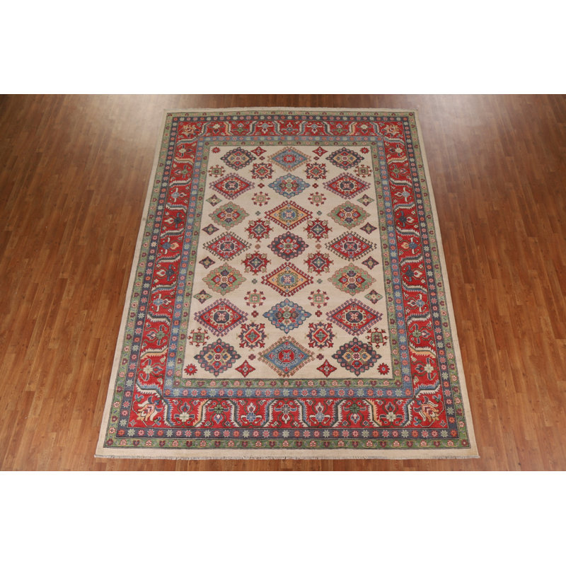 Tapis ivoire en laine noué à la main de conception unique 9 pi 1 po x 11 pi 10 po New Age