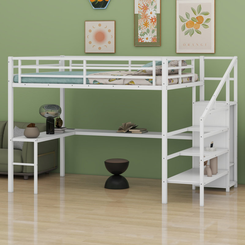 Metal Loft Bed With L-Shaped Desk And USB, Wardrobe And  Shelf, High Loft Bed With LED For Kids Teens Adults, Queen
