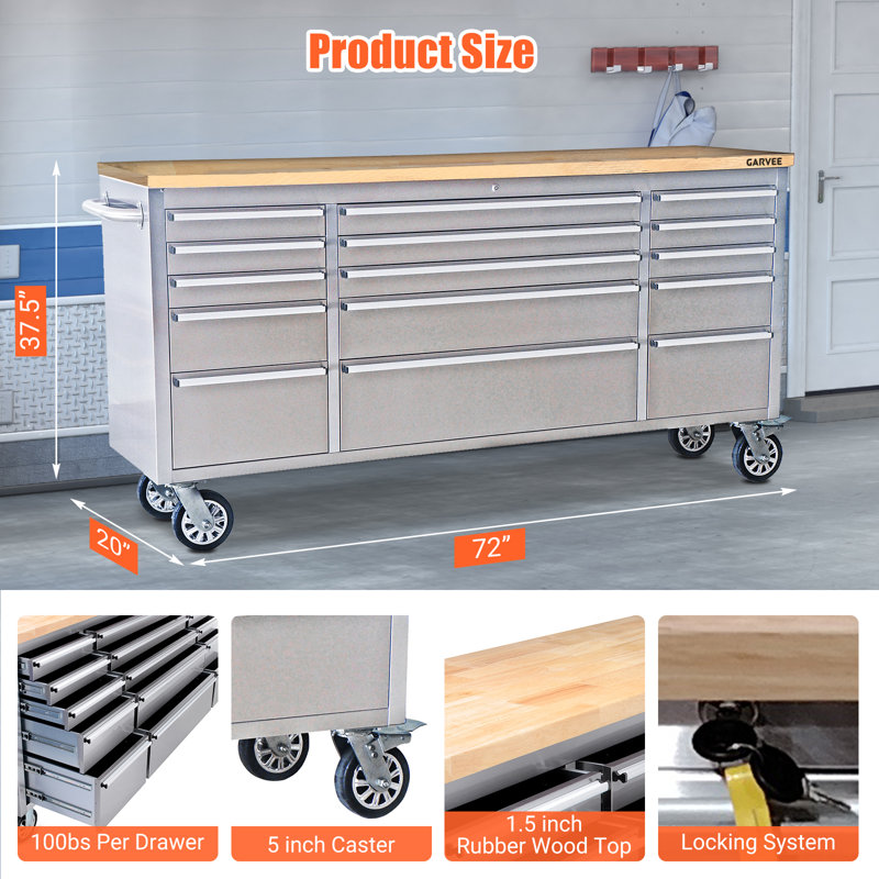 Armoire à outils et établi à roulettes robustes - Armoire à outils en acier inoxydable de 72 pouces avec 15 tiroirs, plateau en bois d'hévéa et 3 armoires supérieures - Système de rangement de garage mobile pour atelier
