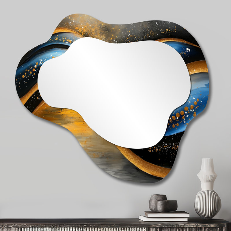 Golden Blue Wave Optical Play - Op Art Asymmetrical Decorative Mirror, Modern irregular Wall Mirror, Printed on Metal
