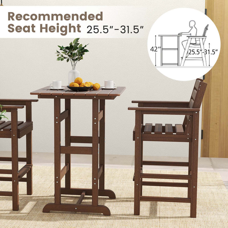 3-Piece Patio HDPE Bar Set Armchairs with Square High-Top Table Footrest Backrest , Brown