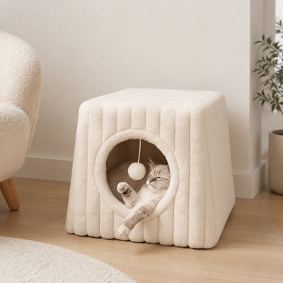 Detachable Cube Cat Cave House with Hanging Fluffy Play Ball, Sturdy Metal Frame Enclosed Nest Bed with Machine Washable Sherpa Cushion, Anti-Slip Waterproof Base All Season Indoor Pet Hideaway Two Colors Available Dark Grey / Dark White